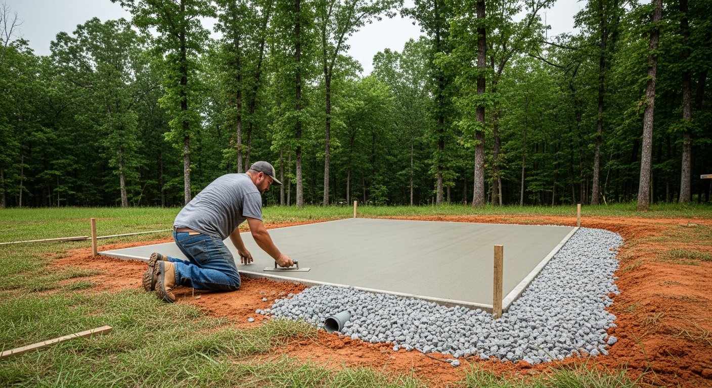 concrete pad for shed preparation drainage Arkansas