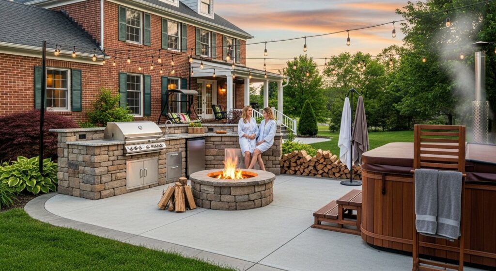 concrete pad outdoor kitchen fire pit hot tub Batesville